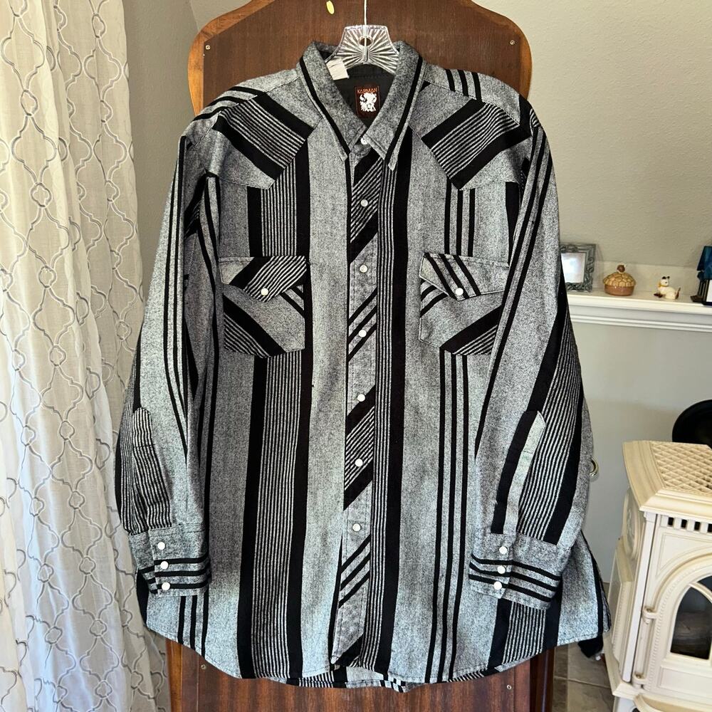 Vintage Karman Karivan Pearl Snap Western Cowboy Shirt Black Gray 2XL southwest